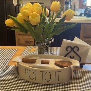 Rae Dunn Hop to it, bake dish with wooden spoon.